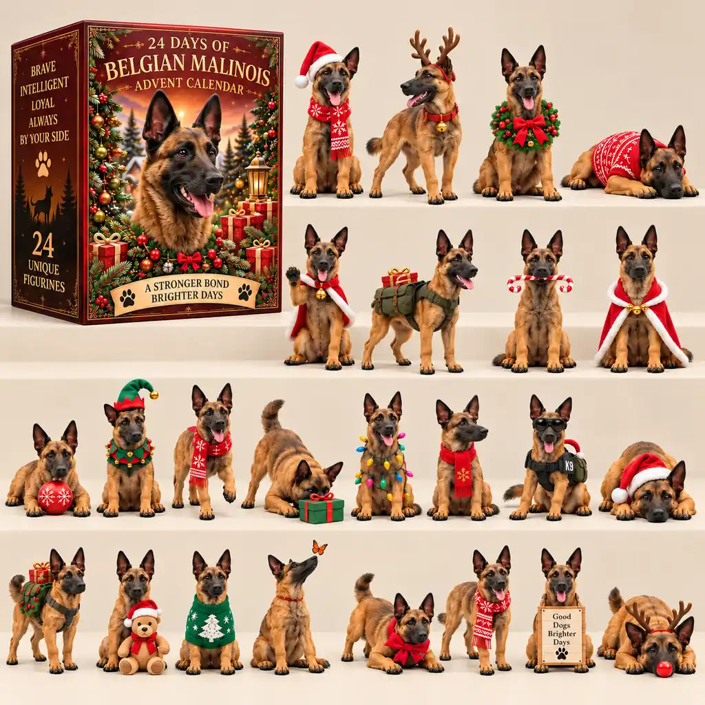 Illustrative product view: Belgian Malinois advent-calendar box with all 24 festive dog figurine designs on clean warm ivory display steps.