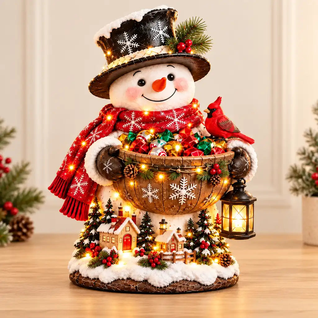 Illustrative product view: Snowman holiday treat bowl with a red cardinal, lantern and miniature village base on a warm neutral tabletop.