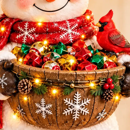 Illustrative product view: Close-up of the snowman bowl's snowflake decoration, wrapped treats, red scarf and attached red cardinal.
