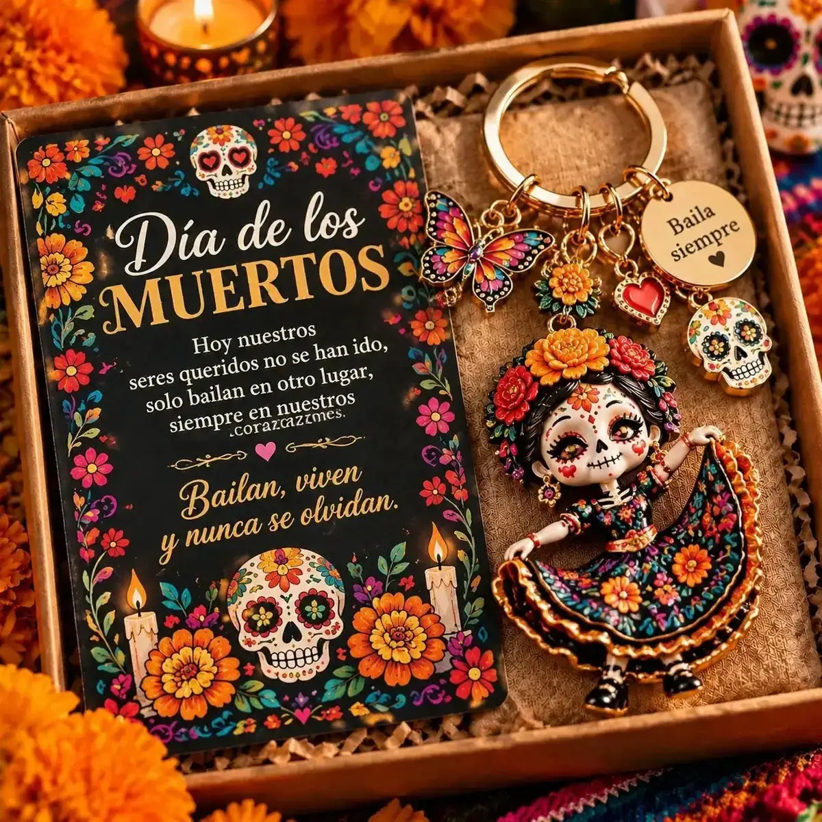Dancing floral skull character keychain; display box and card excluded