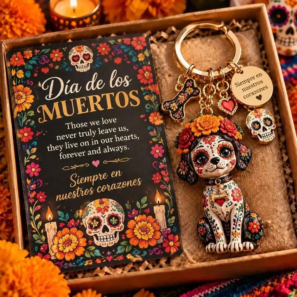 Dog-themed Day of the Dead keychain; display box and card excluded