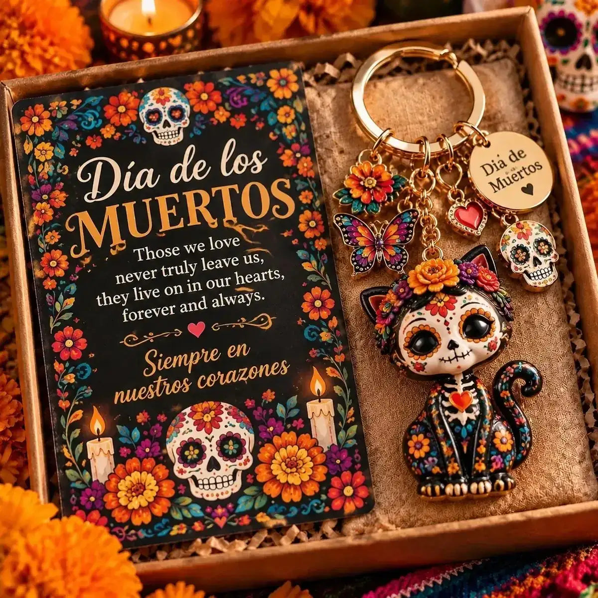 Cat-themed Day of the Dead keychain; display box and card excluded