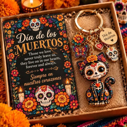 Cat-themed Day of the Dead keychain; display box and card excluded