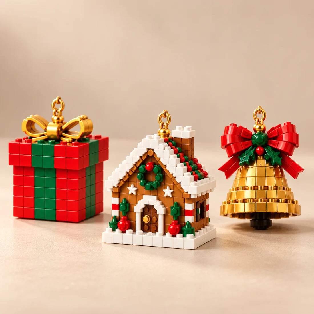 Illustrative product view: Close-up of the calendar's gingerbread house, red-and-green gift, and gold bell ornaments on a warm neutral surface.