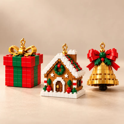 Illustrative product view: Close-up of the calendar's gingerbread house, red-and-green gift, and gold bell ornaments on a warm neutral surface.