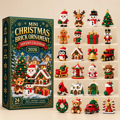 Illustrative product view: Mini Christmas brick ornament advent-calendar box with its 24 festive ornament designs arranged on warm ivory steps.