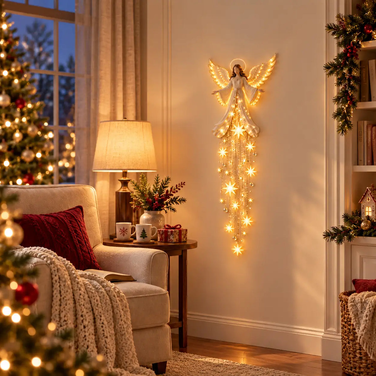Angel starfall wall light glowing beside a cozy Christmas reading chair