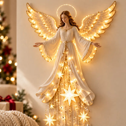 Close-up of the angel's ivory-and-gold robe, illuminated halo and feathered wings; lower cascade cropped