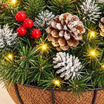 Illustrative product view: Close-up of frosted pinecones, red berries and evergreen foliage above the brown holiday basket rim.
