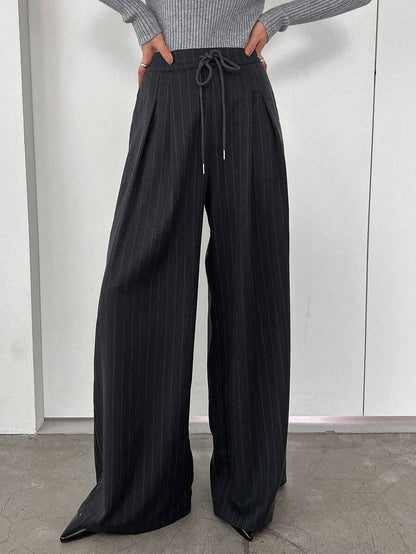 Women's Minimalist Wide Leg Casual Trousers - Solid Color Loose Fit Mid-Waist Pants