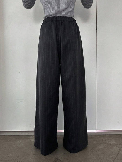 Women's Minimalist Wide Leg Casual Trousers - Solid Color Loose Fit Mid-Waist Pants