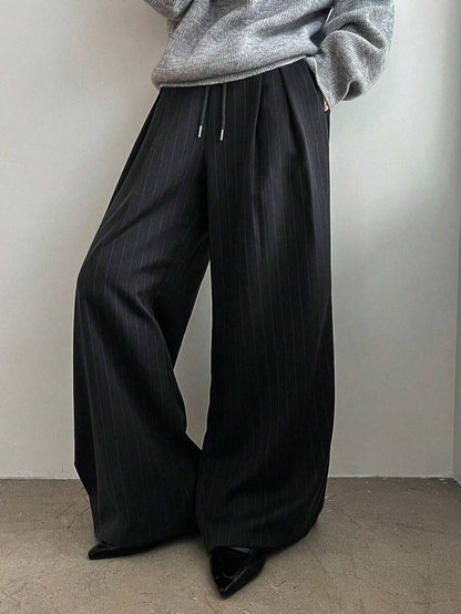 Women's Minimalist Wide Leg Casual Trousers - Solid Color Loose Fit Mid-Waist Pants