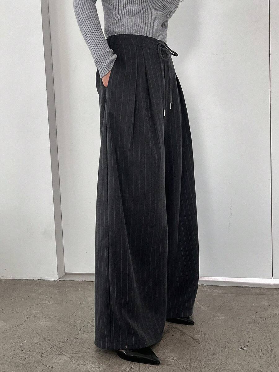 Women's Minimalist Wide Leg Casual Trousers - Solid Color Loose Fit Mid-Waist Pants