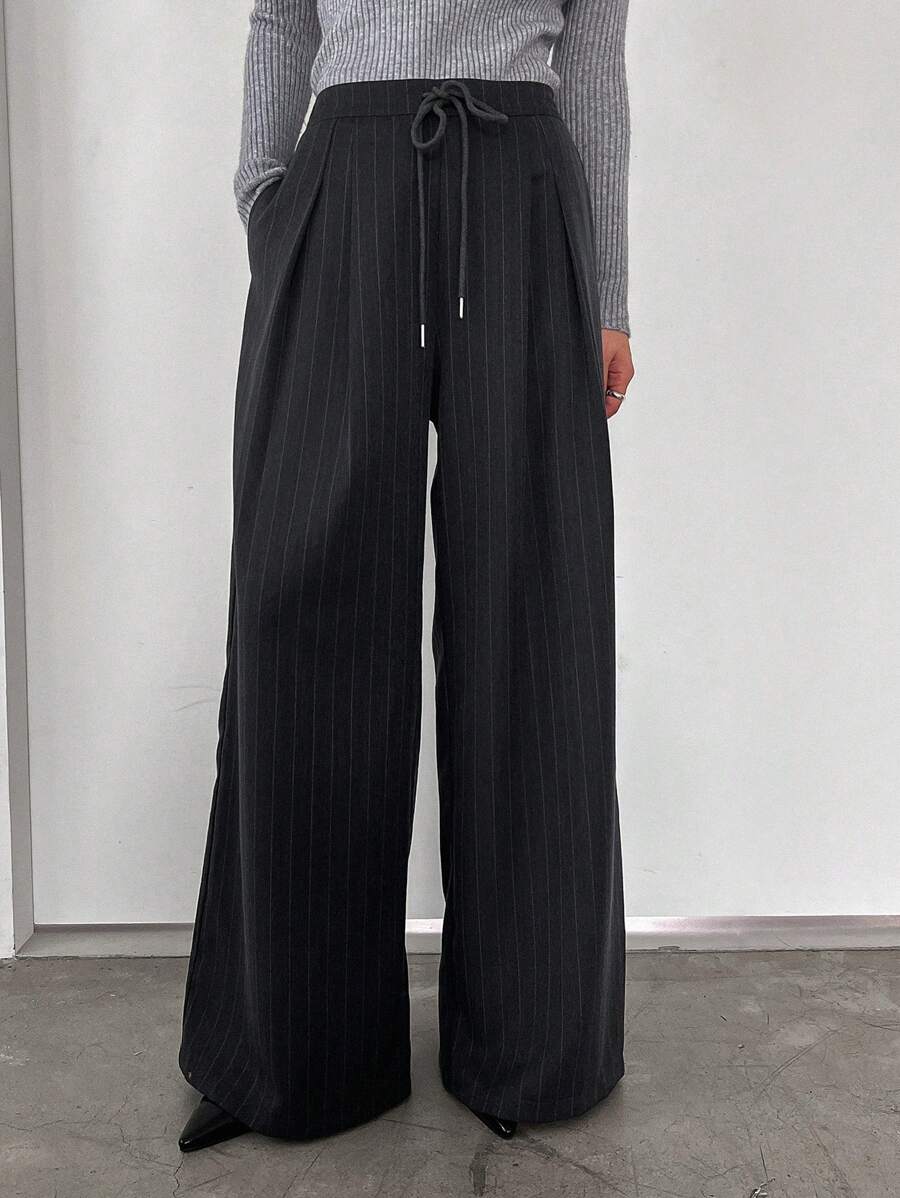 Women's Minimalist Wide Leg Casual Trousers - Solid Color Loose Fit Mid-Waist Pants