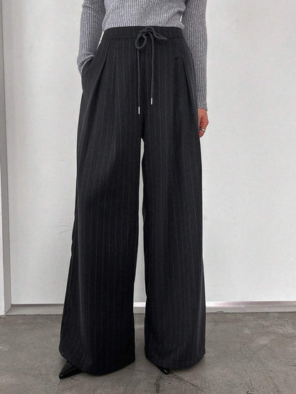 Women's Minimalist Wide Leg Casual Trousers - Solid Color Loose Fit Mid-Waist Pants
