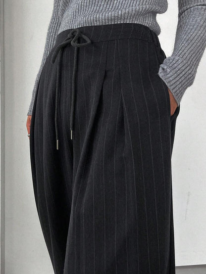 Women's Minimalist Wide Leg Casual Trousers - Solid Color Loose Fit Mid-Waist Pants