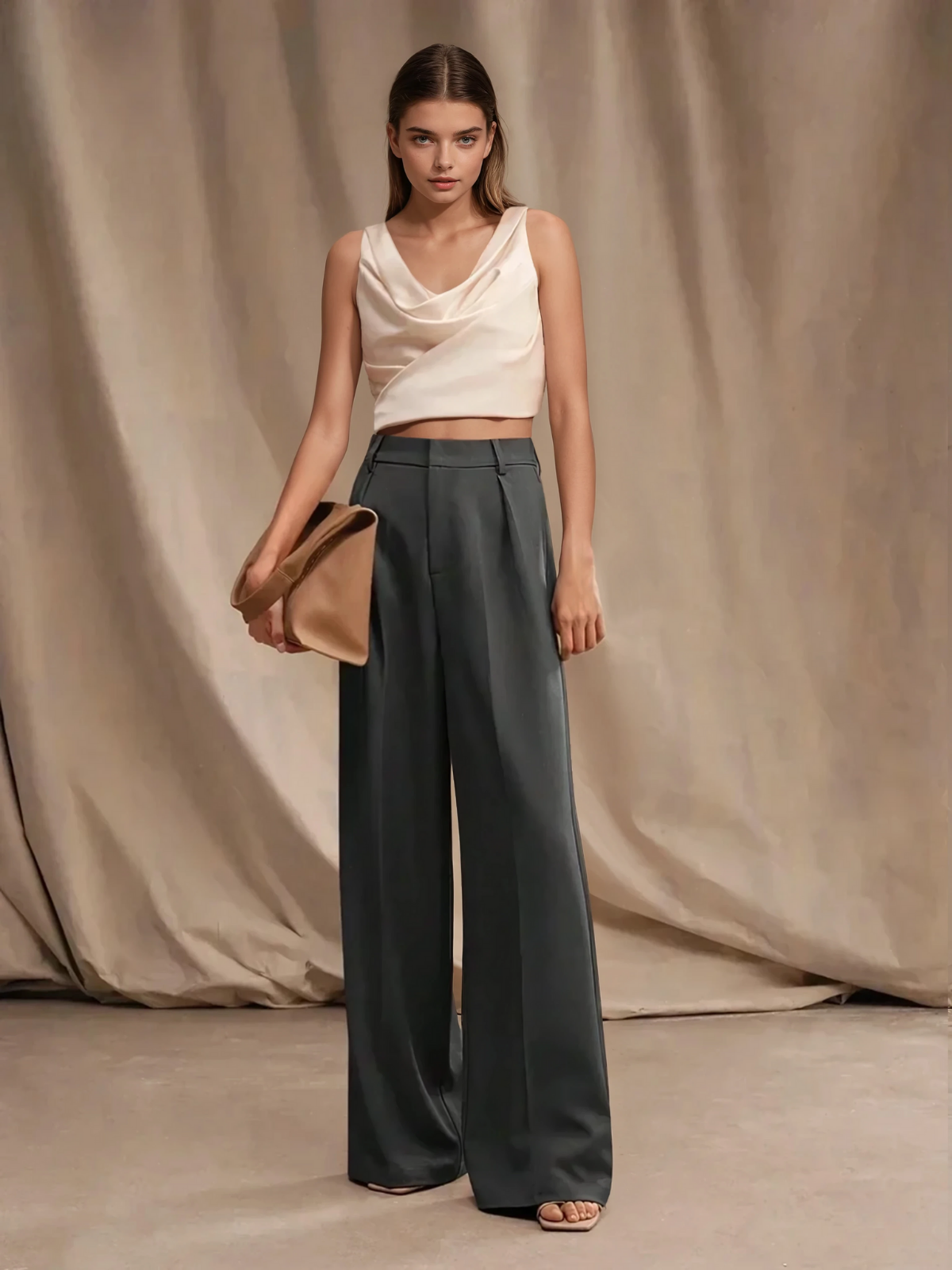 Women's High-Waisted Wide-Leg Pleated Trousers with Zipper Closure