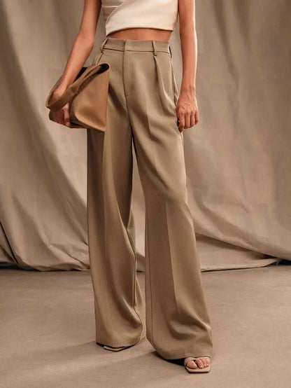 Women's High-Waisted Wide-Leg Pleated Trousers with Zipper Closure