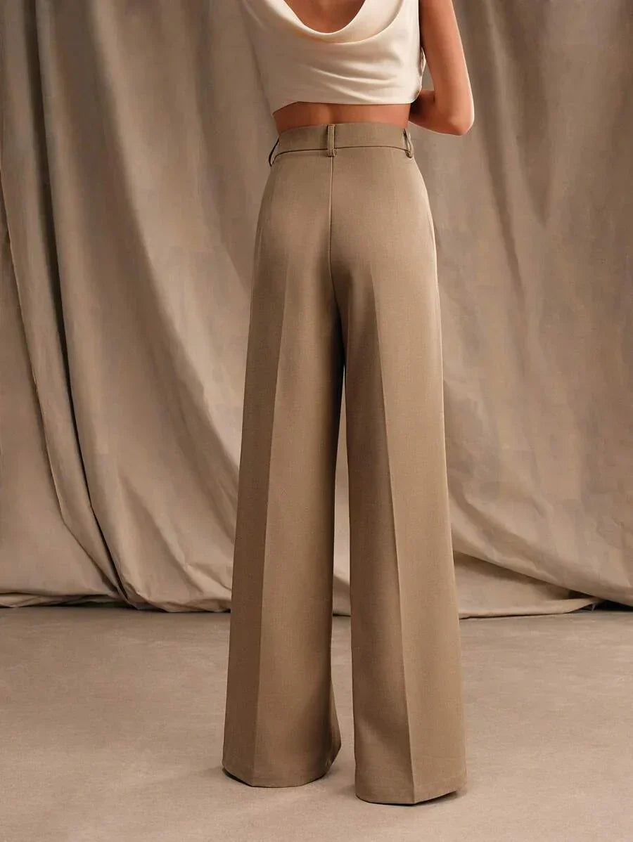 Women's High-Waisted Wide-Leg Pleated Trousers with Zipper Closure