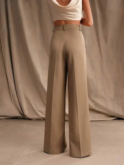 Women's High-Waisted Wide-Leg Pleated Trousers with Zipper Closure