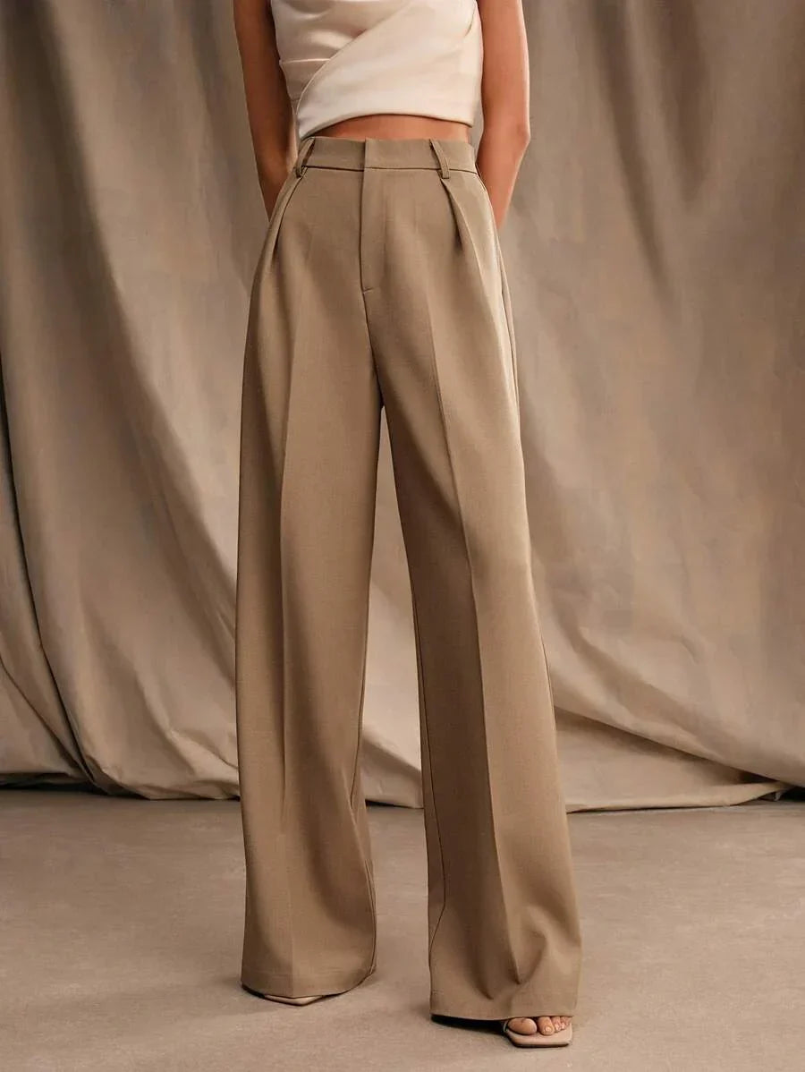 Women's High-Waisted Wide-Leg Pleated Trousers with Zipper Closure