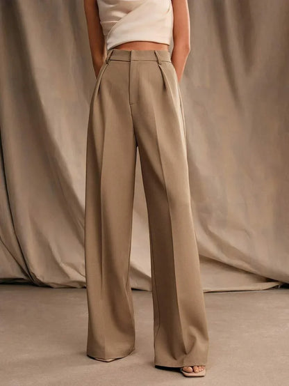 Women's High-Waisted Wide-Leg Pleated Trousers with Zipper Closure