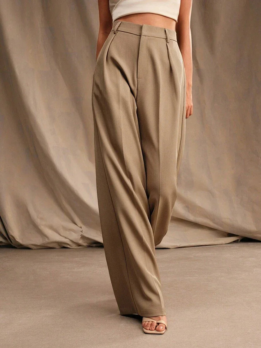 Women's High-Waisted Wide-Leg Pleated Trousers with Zipper Closure