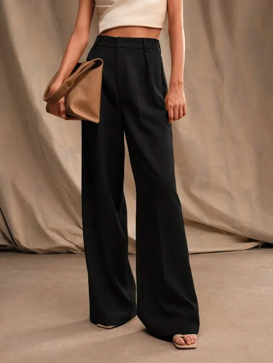 Women's High-Waisted Wide-Leg Pleated Trousers with Zipper Closure