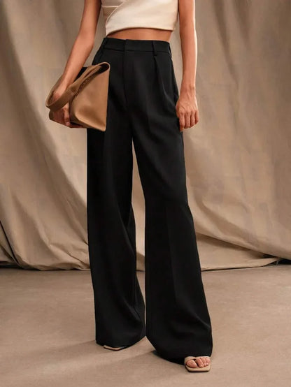 Women's High-Waisted Wide-Leg Pleated Trousers with Zipper Closure