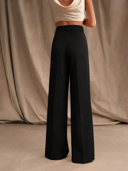 Women's High-Waisted Wide-Leg Pleated Trousers with Zipper Closure