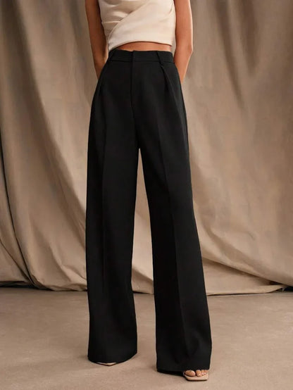 Women's High-Waisted Wide-Leg Pleated Trousers with Zipper Closure