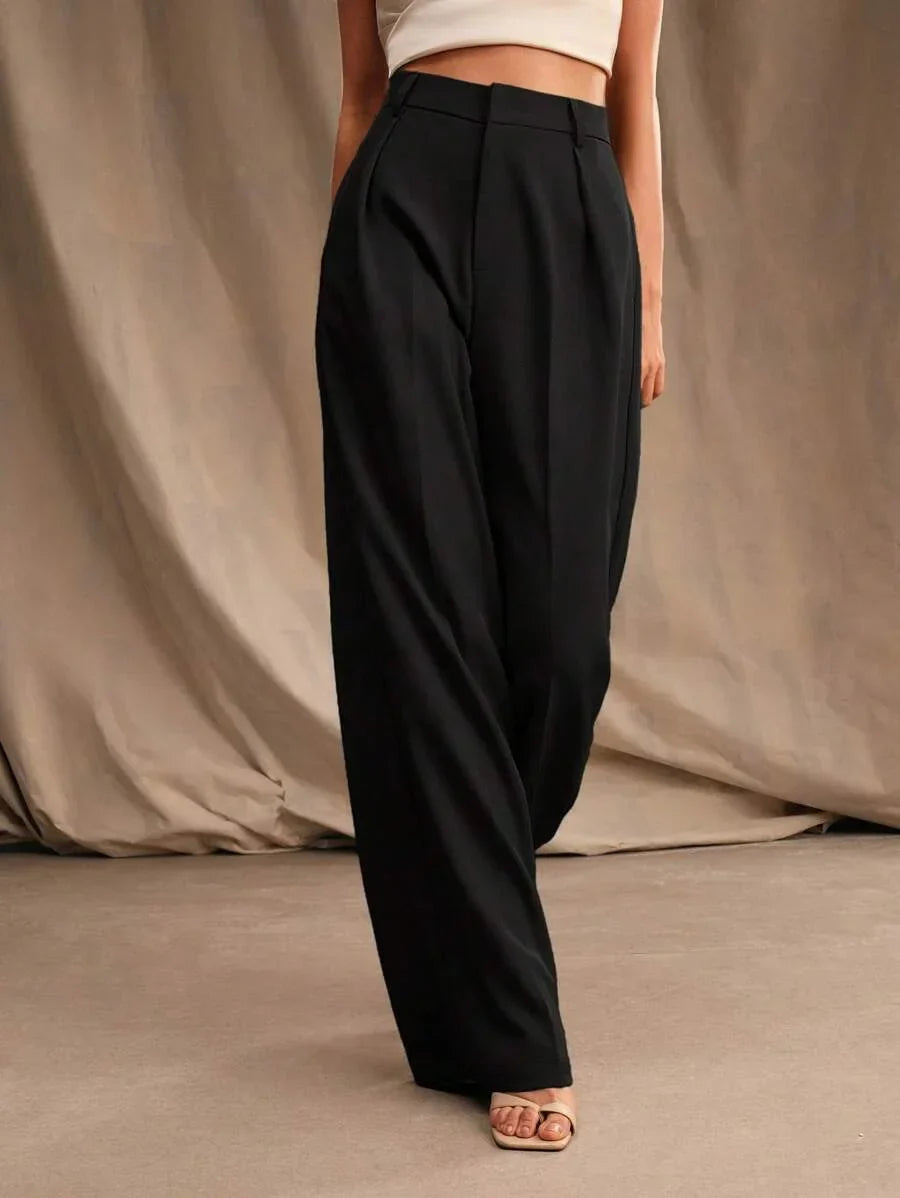 Women's High-Waisted Wide-Leg Pleated Trousers with Zipper Closure