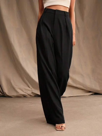 Women's High-Waisted Wide-Leg Pleated Trousers with Zipper Closure