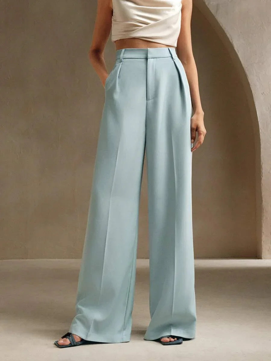 Women's High-Waisted Wide-Leg Pleated Trousers with Zipper Closure