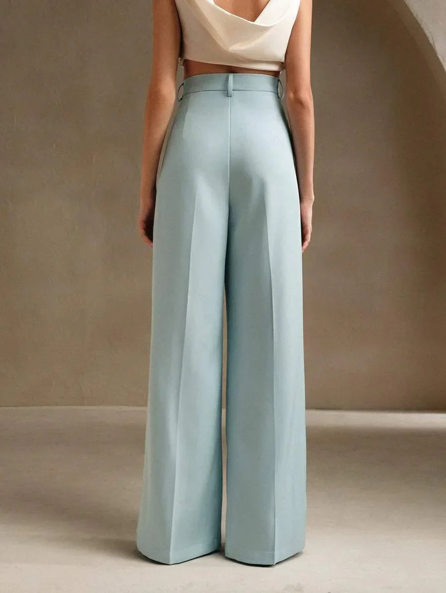 Women's High-Waisted Wide-Leg Pleated Trousers with Zipper Closure