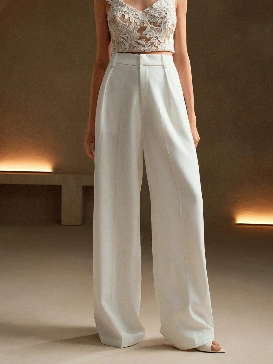 Women's High-Waisted Wide-Leg Pleated Trousers with Zipper Closure