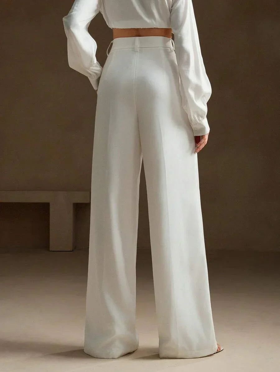 Women's High-Waisted Wide-Leg Pleated Trousers with Zipper Closure