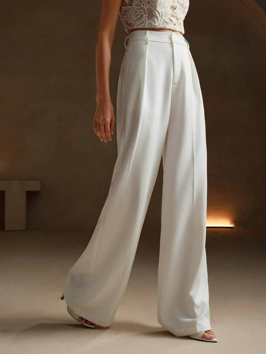 Women's High-Waisted Wide-Leg Pleated Trousers with Zipper Closure