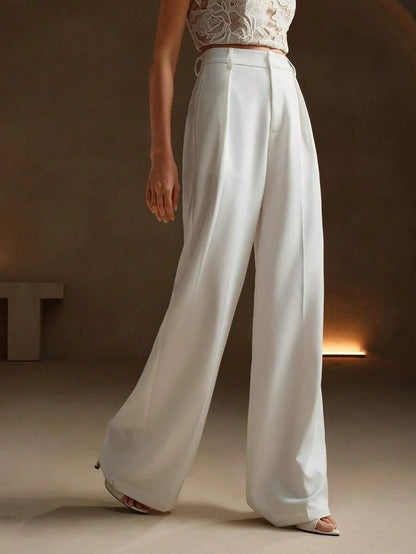 Women's High-Waisted Wide-Leg Pleated Trousers with Zipper Closure