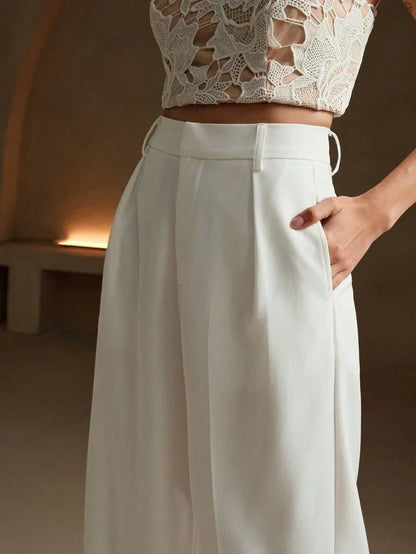 Women's High-Waisted Wide-Leg Pleated Trousers with Zipper Closure