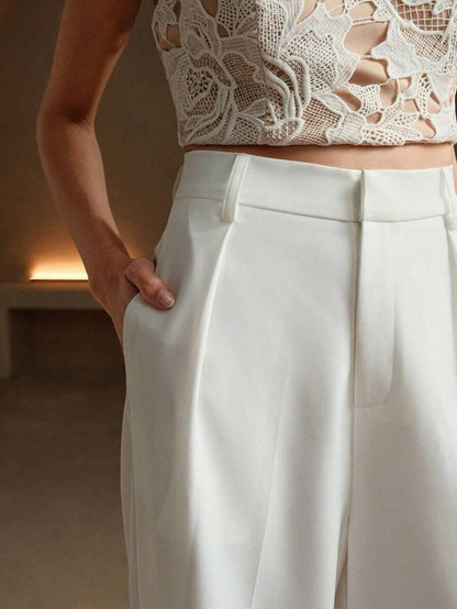 Women's High-Waisted Wide-Leg Pleated Trousers with Zipper Closure