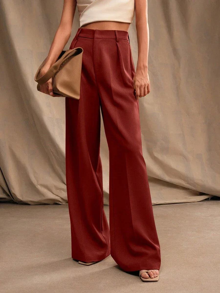 Women's High-Waisted Wide-Leg Pleated Trousers with Zipper Closure