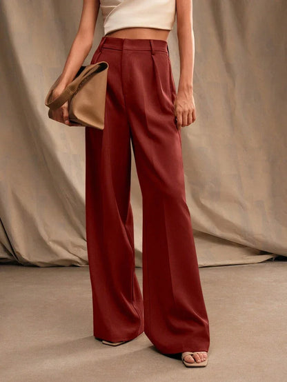 Women's High-Waisted Wide-Leg Pleated Trousers with Zipper Closure