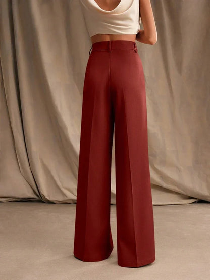 Women's High-Waisted Wide-Leg Pleated Trousers with Zipper Closure