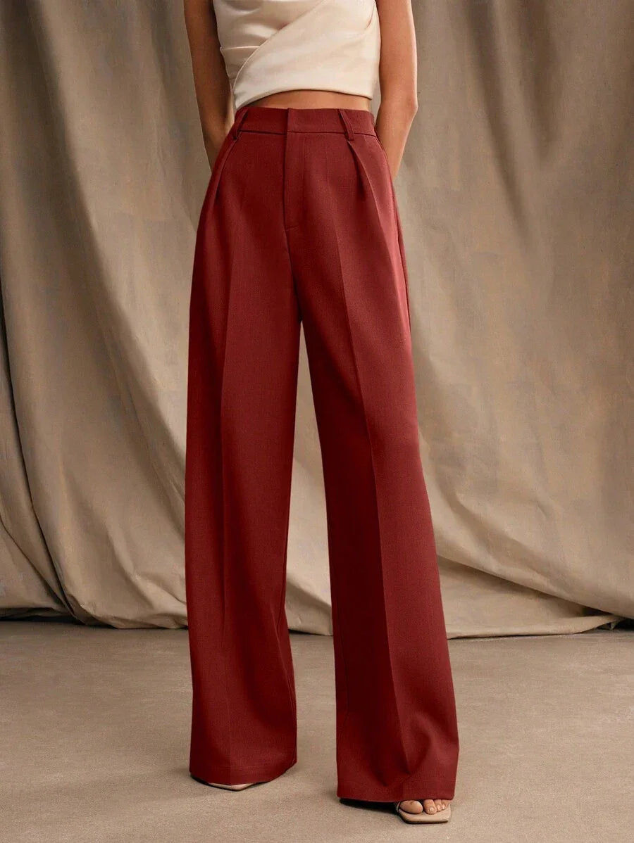 Women's High-Waisted Wide-Leg Pleated Trousers with Zipper Closure
