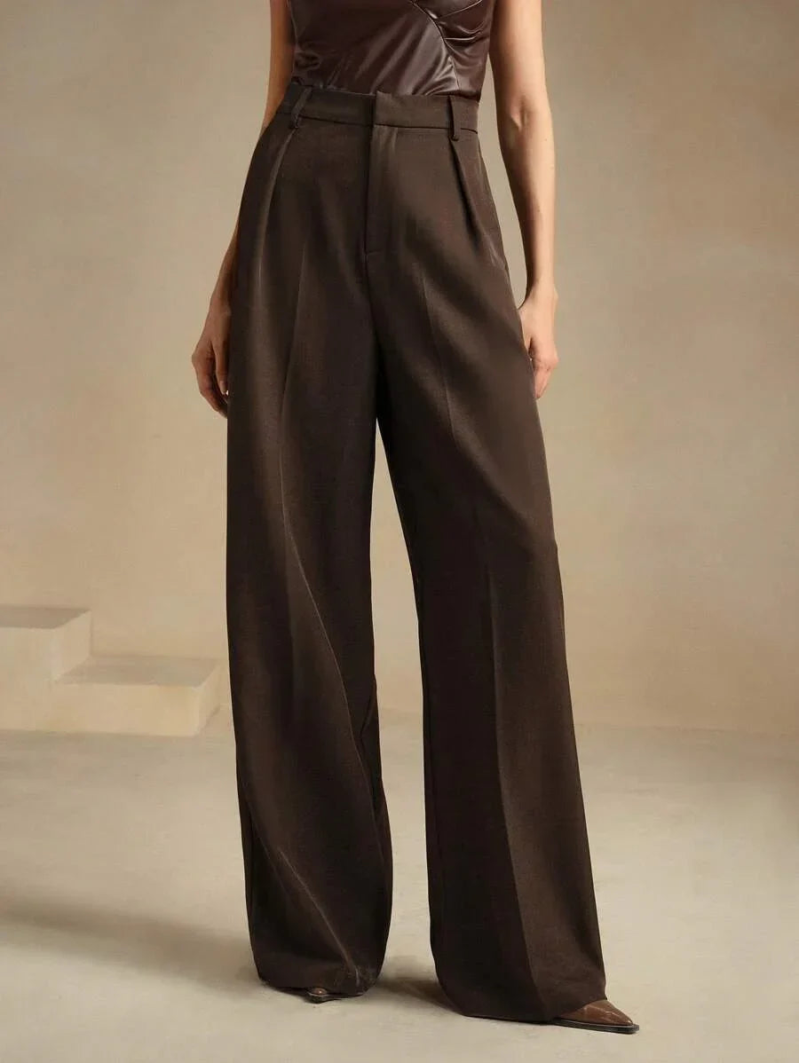 Women's High-Waisted Wide-Leg Pleated Trousers with Zipper Closure