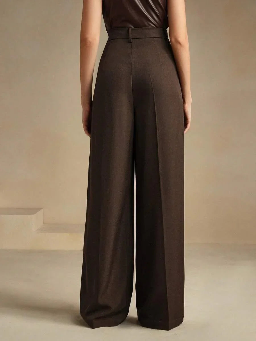 Women's High-Waisted Wide-Leg Pleated Trousers with Zipper Closure