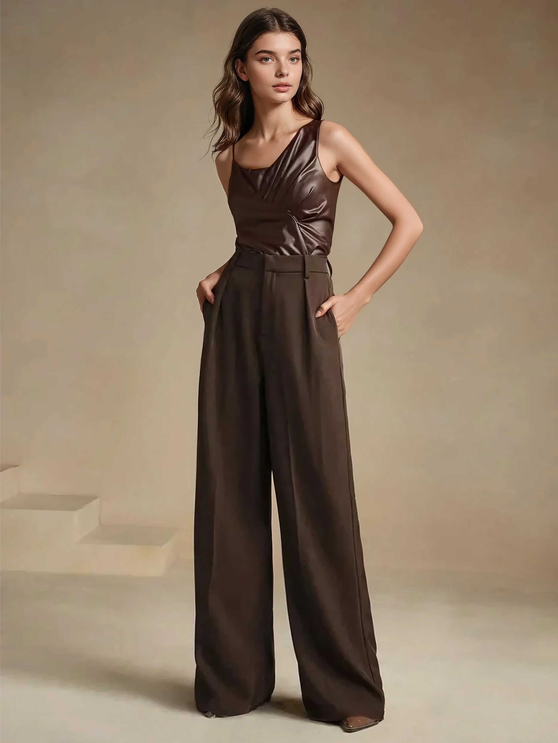 Women's High-Waisted Wide-Leg Pleated Trousers with Zipper Closure