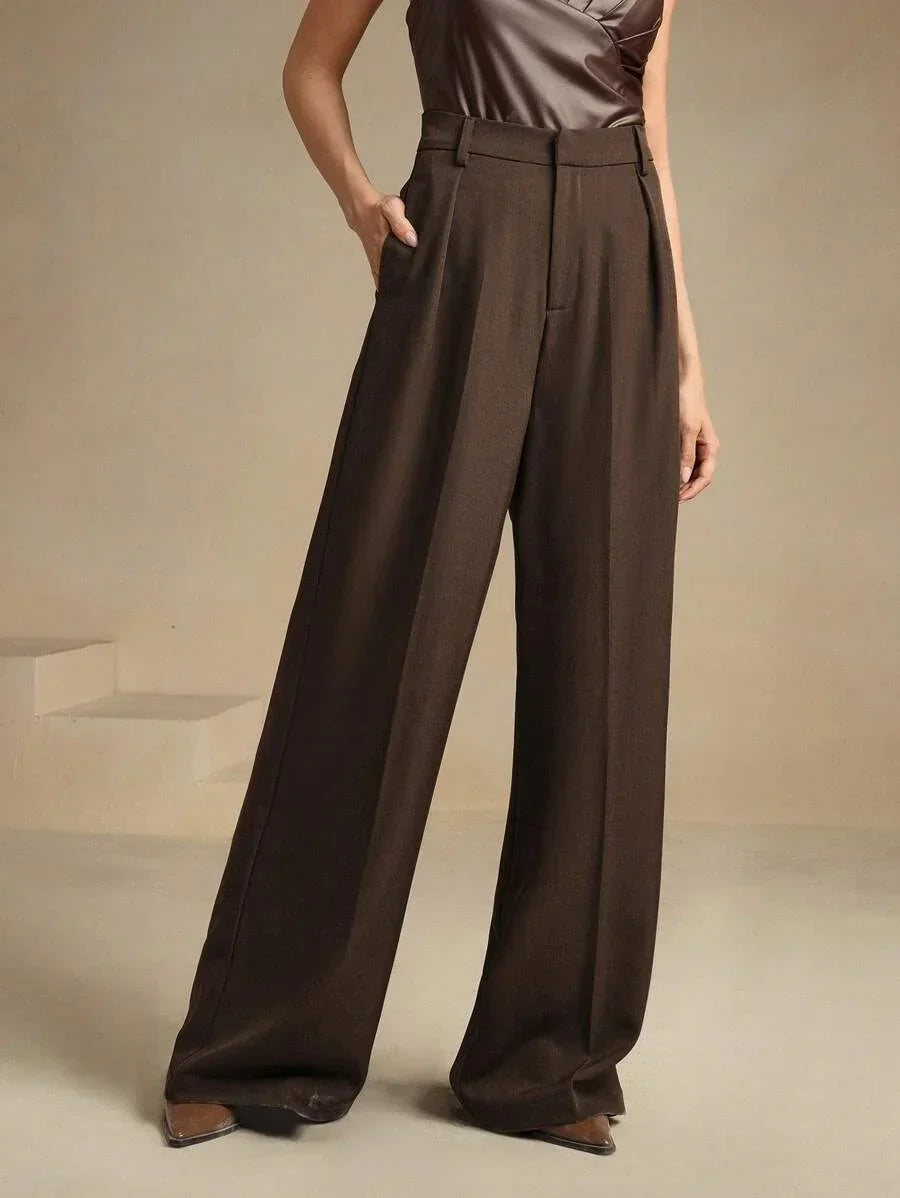 Women's High-Waisted Wide-Leg Pleated Trousers with Zipper Closure