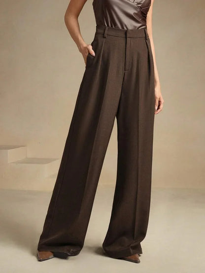 Women's High-Waisted Wide-Leg Pleated Trousers with Zipper Closure